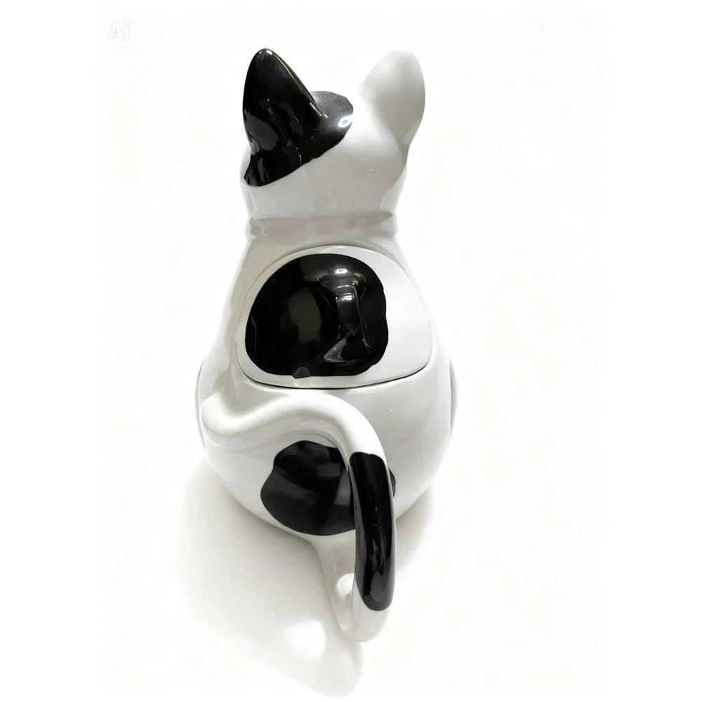 Black & White Teapot Or Creamer Ceramic Kitty With Kid Collectable [P]